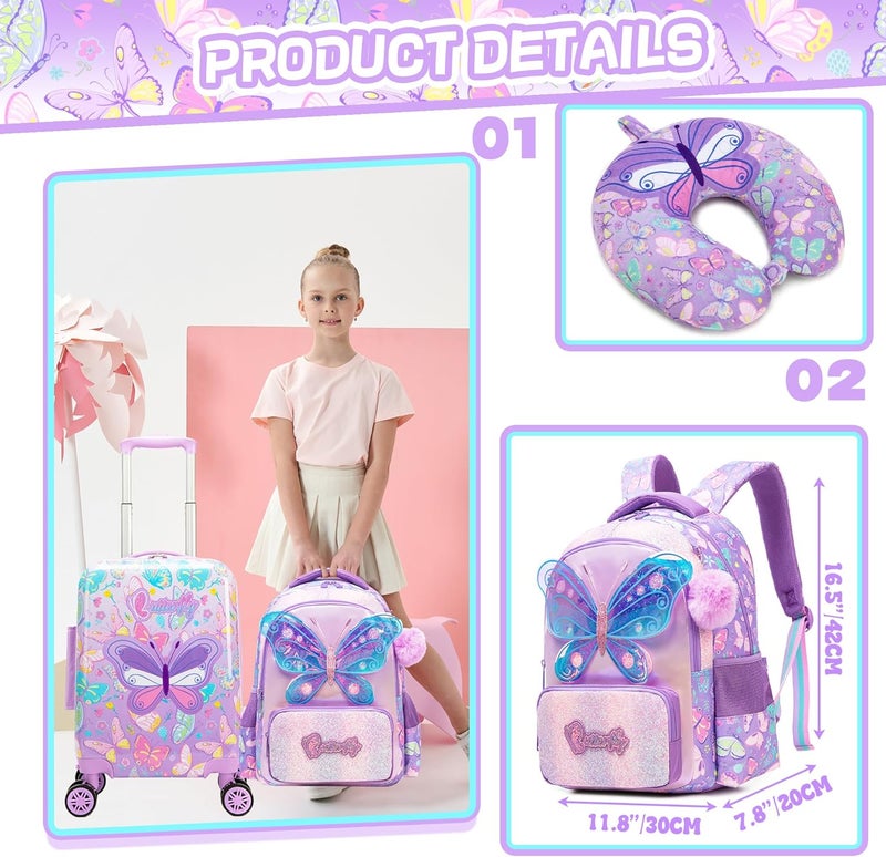 Esteemly Kid's Luggage Set 5 Piece Suitcase Set 16" Hardside Luggage with Spinner Wheels Girls Carry on Toddler Travel Rolling Suitcase with Neck Pillow Airline Approved - Image 3